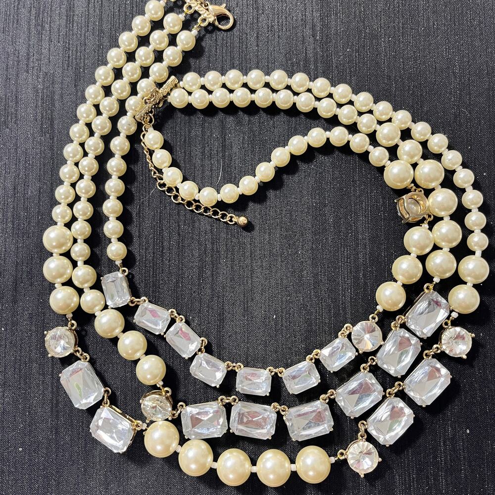 3 Strand Faux Pearl & Fauceted Rhinestones Rectangle & Round White 20-22 Inches